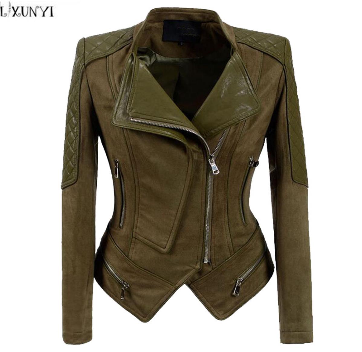 

LXUNYI 2018 Autumn Winter Korean Leather jacket Female Army Green Slim Short Handsome Motorcycle jacket Women Ladies Suede Coat5605054