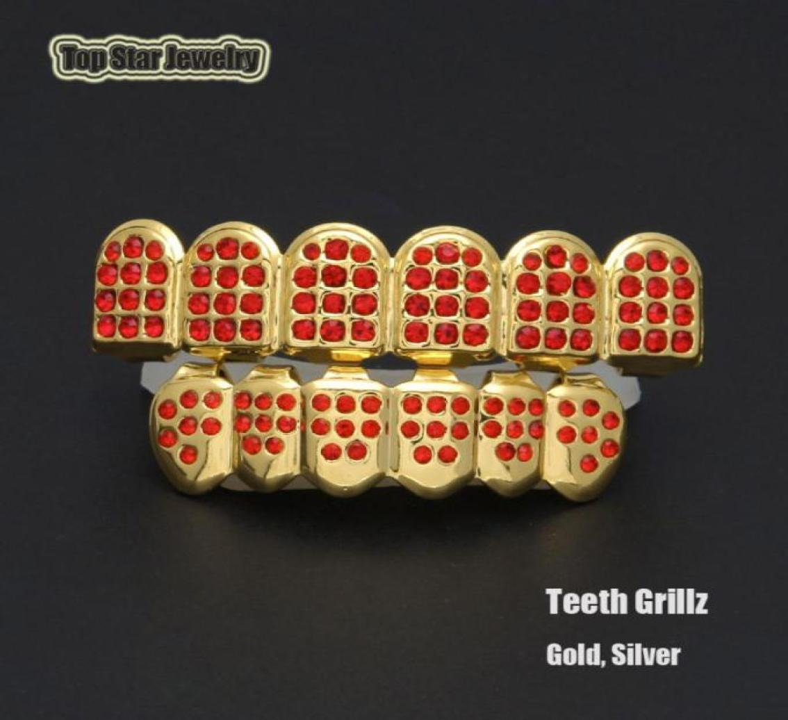 

Hip Hop Party Cosplay Bio Copper Gold Teeth Grillz Caps Top Bottom Shiny Bling Bling Red CZ Charm Grill Sets Tooth Socke88419161666314