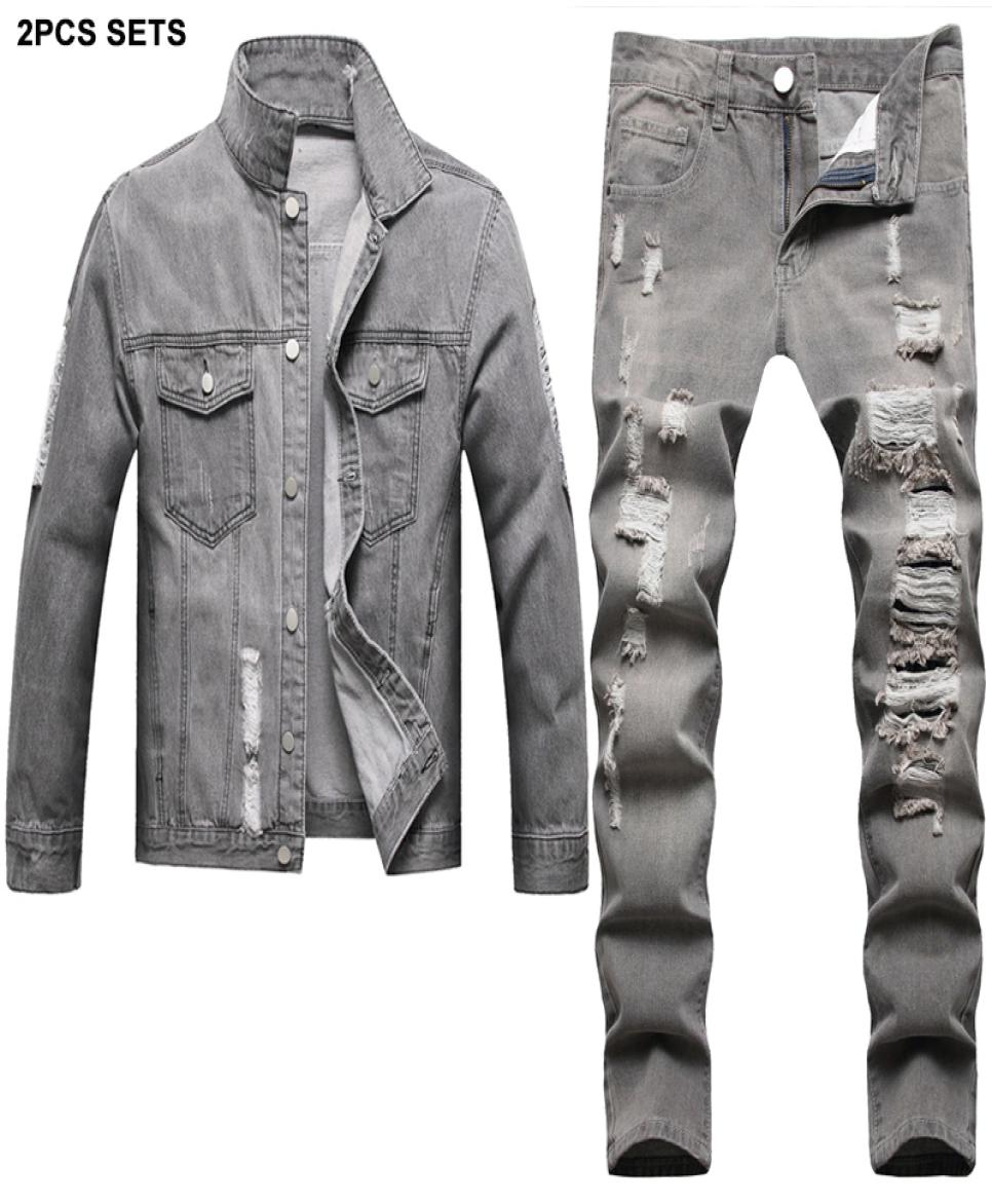 

Solid Color Tracksuits Gray Vintage Men039s Sets Ripped Hole 2pcs Jeans Set For Men Side Slit Pocket Casual Loose Denim Jacket 3182339, Blue
