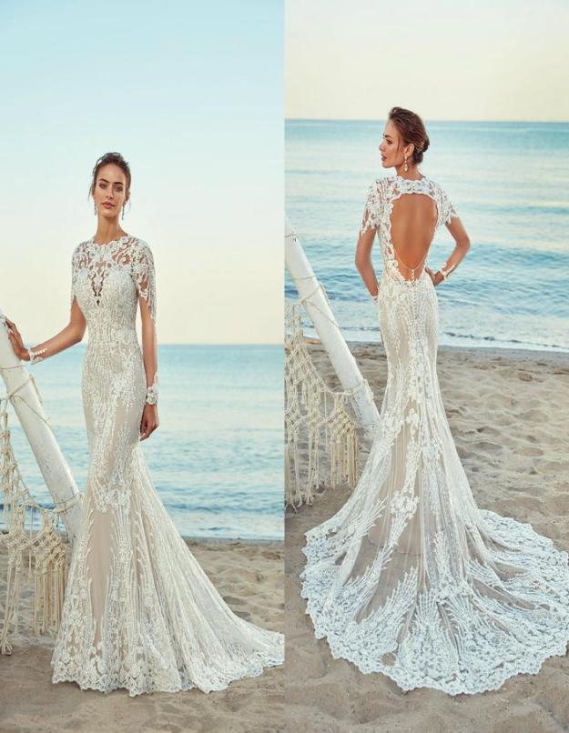

2019 Eddy K Mermaid Wedding Dresses Jewel Neck Hollow Back Lace Appliqued Sweep Train Beach Wedding Dress Long Sleeve Robe De Mari6043299, Custom made from color chart