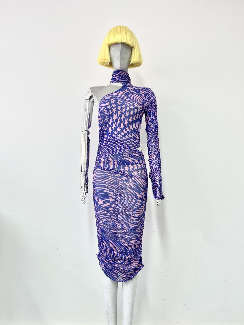 

Casual Dresses 2023 Women Fashion Long Sleeve Turtleneck Mesh Print Dress 0408