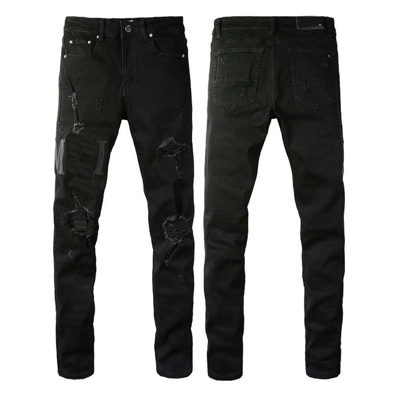 

2023 New high-quality jeans tattered and ripped motorcycle pants slim fit motorcycle jeans men's designer jeans Size 28-40 #13, Black