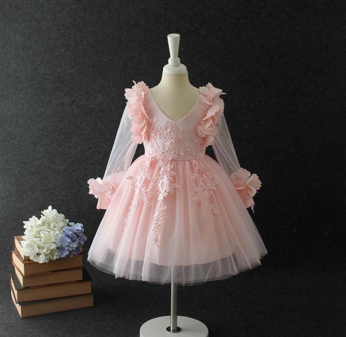 

Girls lace dresses kids floral embroidery long sleeve princess party clothing children stereo petal tulle tutu dress Ball Gown A007134556, Gray