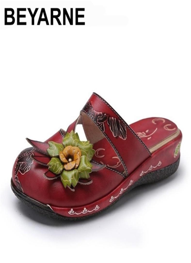 

BEYARNE Flower Sandals Genuine Leather Shoes Woman Handmade Slides Flip Flops Platform Clogs For Women Plus Size 2107127032103, Red