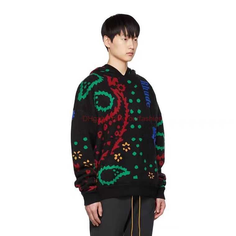 

Designer Clothing Mens Sweatshirts Hoodies High Quality Rhude High Street Niche Jacquard Full Print Cashew Flower Hooded Knit Sweater for Both Men Women Fashion Str, Shipping fee
