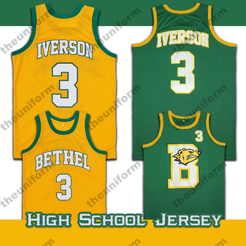 

Men's #3 Iverson Basketball Jersey Bethel High School Sports Shirts, Yellow