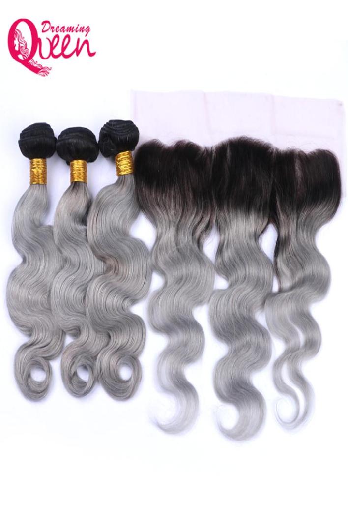

1B Grey Body Wave Ombre Brazilian Virgin Human Hair Bundles 3 Pcs With 13x4 Ear to Ear Lace Frontal With Baby Hair Preplucked1632704, Ombre color