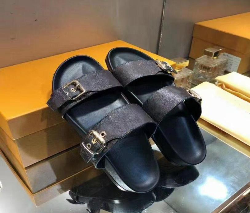 

Designer Slippers Leather sandal Slides 2 Straps with Adjusted Gold Buckles Men and Women Summer flip flops have box size 35424964793