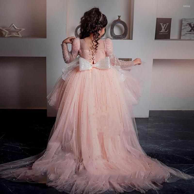 

Girl Dresses Elegant Pink Flower Pearls Tulle With Big Bow Long Sleeve Girls Party Christmas Gown For Special Occasion
