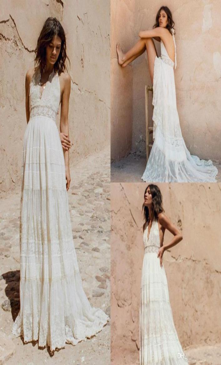 

Vintage Bohemian Lace Wedding Dresses 2021 Retro Halter V Neck Backless People Hippie Country Style Bridal Dress Wedding Gown8721317, Beige