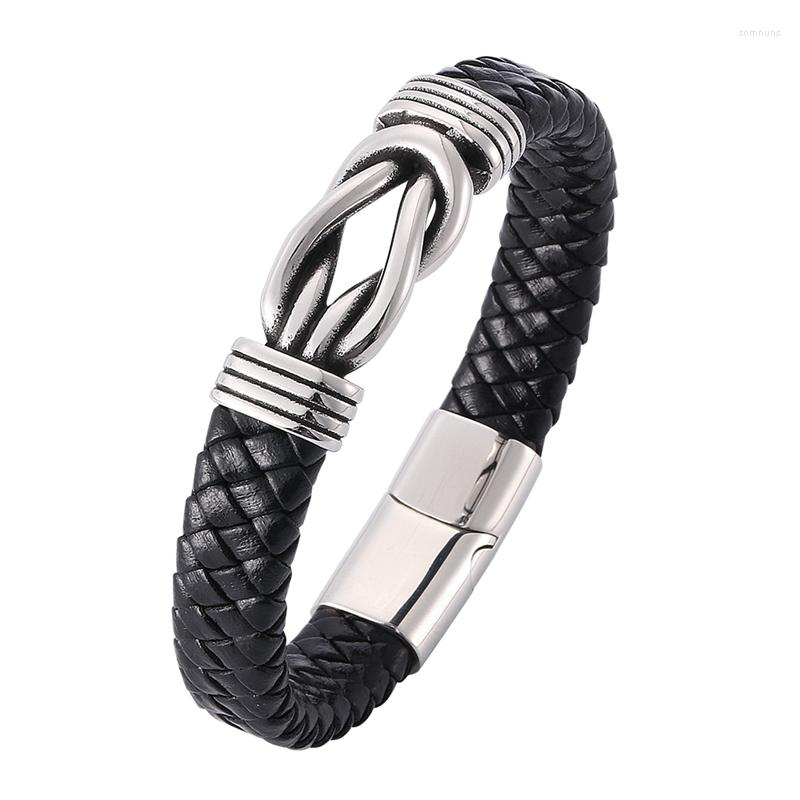 

Charm Bracelets Vintage Leather For Men Black Braided Bracelet Stainless Steel Clasp Wristband Male Jewelry Fashion Gifts PW803