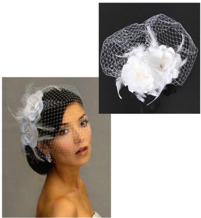 

2015 Bird Cage Net Women Wedding Bridal Fascinator Face Veil Feather White Flower with Comb Dress Fashion Accessories7721137