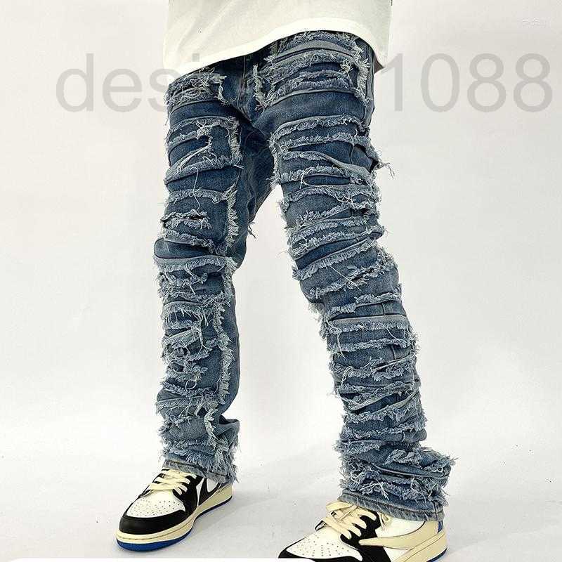 

designer Men's Jeans Denim Jean Retro Hole Ripped Distressed Straight Washed Harajuku Hip Hop Loose Trousers PVJA, Black