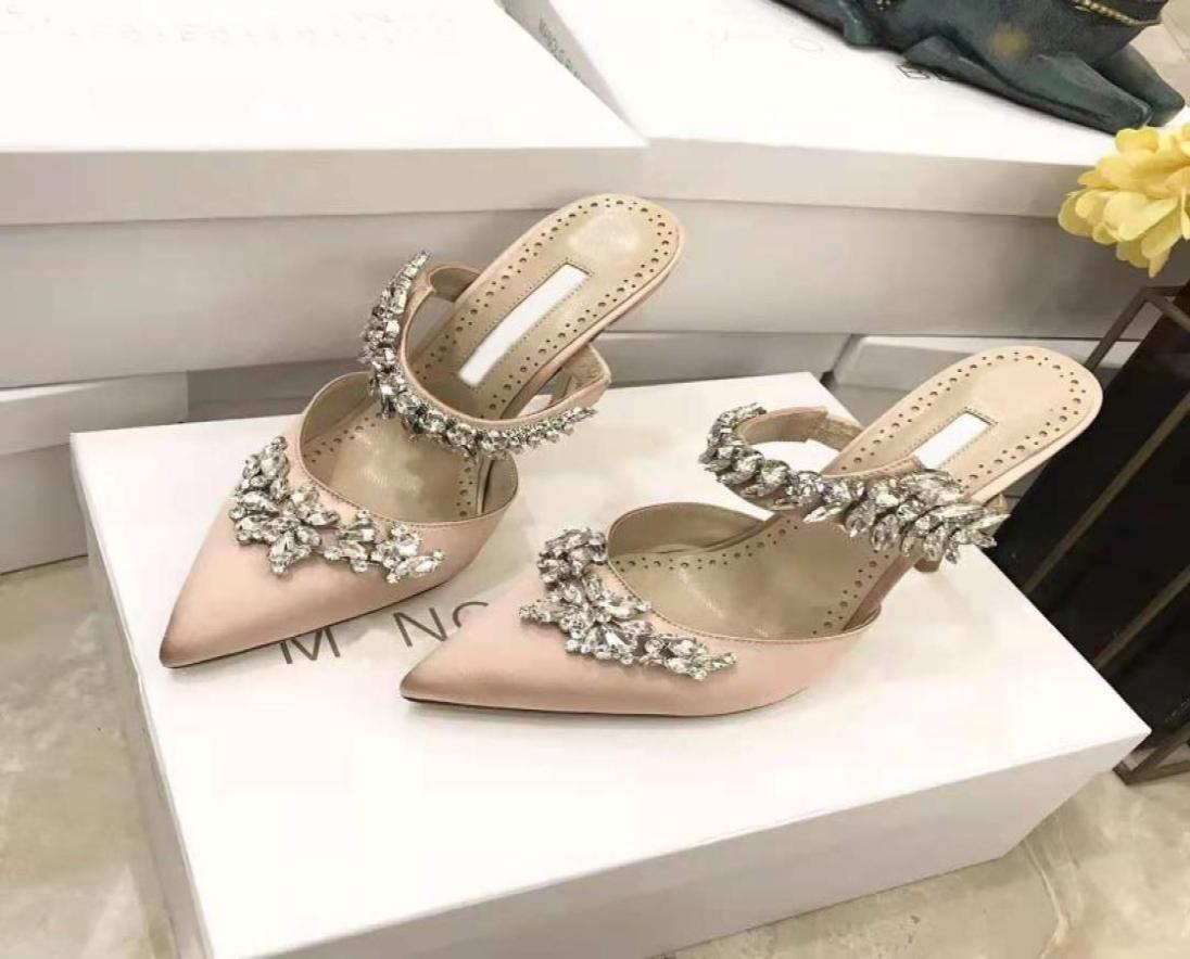 

Italy Shoes Fashion Pumps Lurum Champagne Satin Crystal Embellished Mules Wedding Party 90mm Heel Jewel Leaf8995186
