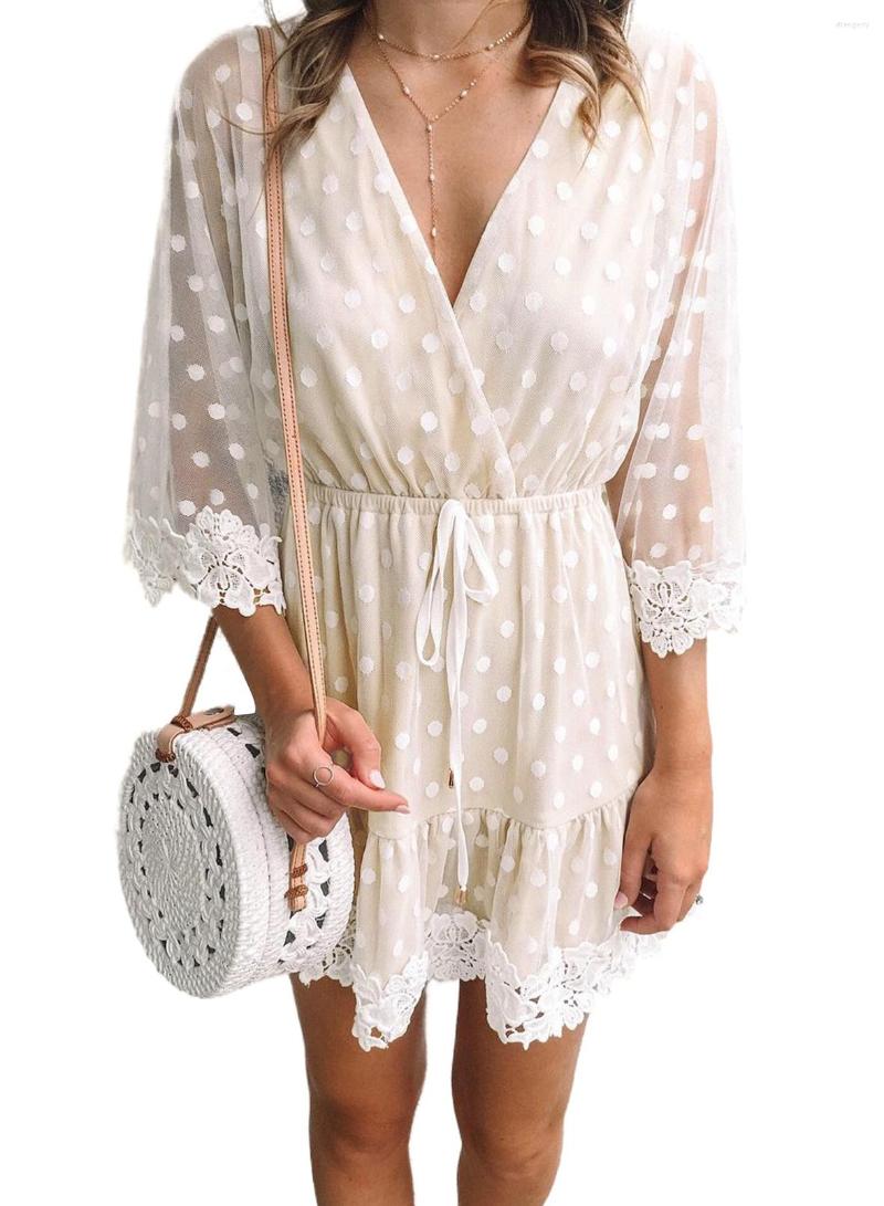

Casual Dresses White Wrap V Neck Elastic Waist Polka Dot Mesh Lace Splicing Dress For Women