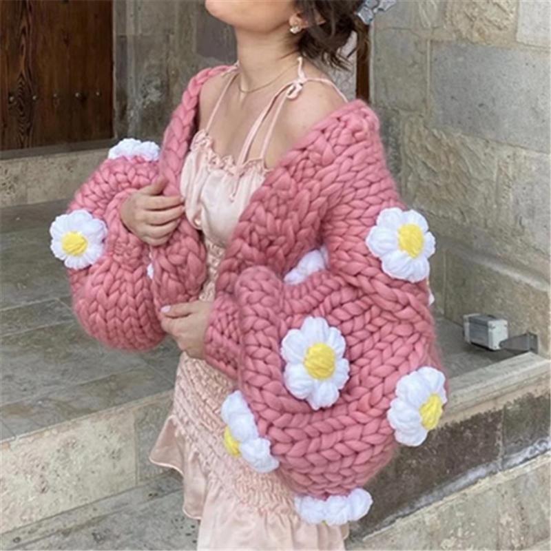 

Women's Knits & Tees Autumn Winter Crochet Knitted Oversize Cardigan Sweater Women Floral Korean Fashion Long Sleeve Jumpers Coat Loose V Ne