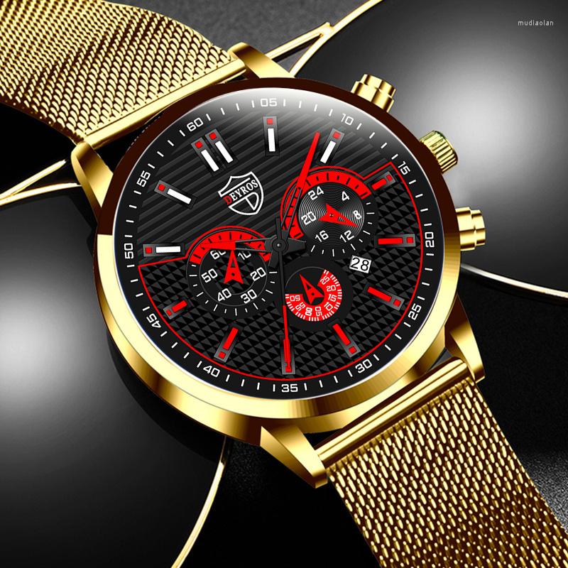 

Wristwatches Mens Watches Fashion Men Business Stainless Steel Mesh Belt Quartz Clock Calendar Date Man Casual Leather Watch, As shown 3