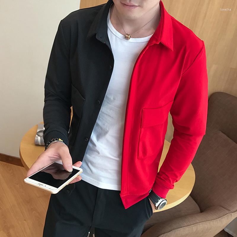 

Men's Jackets Red Black Patchwork Bomber Jacket Men 2023 Brand Fashion Slim Fit Single Breasted Harajuku Hip Hop For Style Clothing, Picture shown