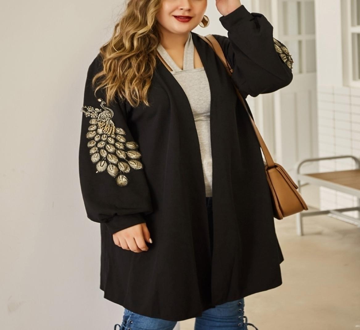 

Autumn large size women039s sweater  5XL 6XL 7XL 8XL fashion peacock embroidery knit cardigan Pure color thin coat bust 138C4447140, Black