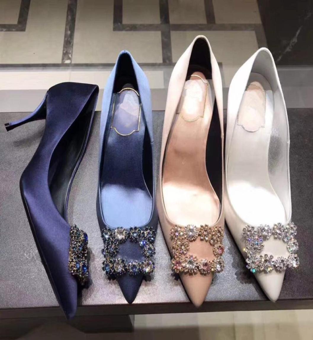 

18 Star Lin Xin is like a bridesmaid of wedding shoes diamonds square buckles pointed high heels thin heels and shallow silk singl9958567, Blue