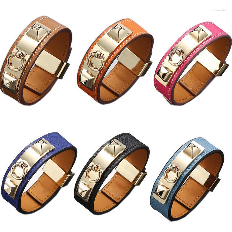 

Link Bracelets Luxury Fashion Top Quality Genuine Leather Bracelet Stainless Steel Belt Buckle Multilayer Retro Rivet Bangle Women Jewelry