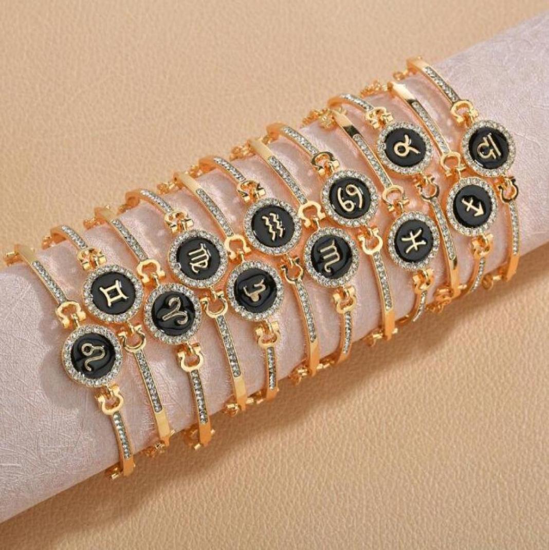 

12 Zodiac Signs Fashion Diamond Constellation Bracelet Women Simple Elegant Gold Plated Jewelry Cuff Bracelet5766100