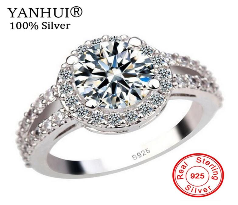 

YANHUI 100 925 Pure Silver Engagement Ring S925 Stamp 2 Carat CZ Diamant Wedding Rings For Women Size 4 5 6 7 8 9 10 11 YR091 Y187604277