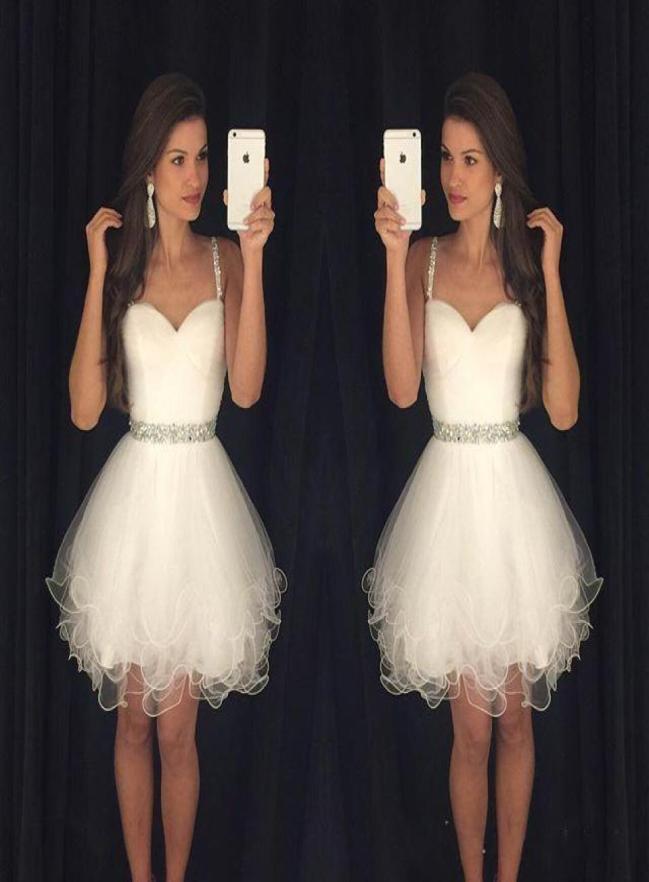 

White Short Prom Dresses Modest Graduation Homecoming Dresses Cheap Spaghetti Straps Beaded Crystals Ruffles Party Gowns1783501