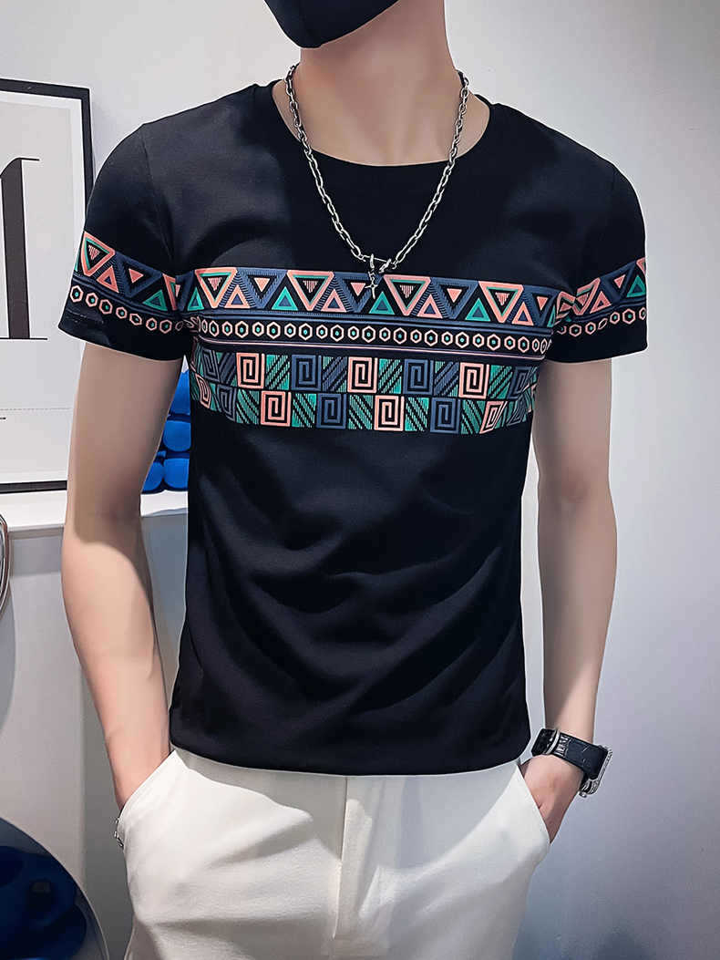 

2023 Summer Men's T-shirt Underlay Men's Short Sleeve Slim Fit Half Sleeve Trendy Round Neck Ethnic Style Fashion T-shirt KFXMRV6E, Solid t black