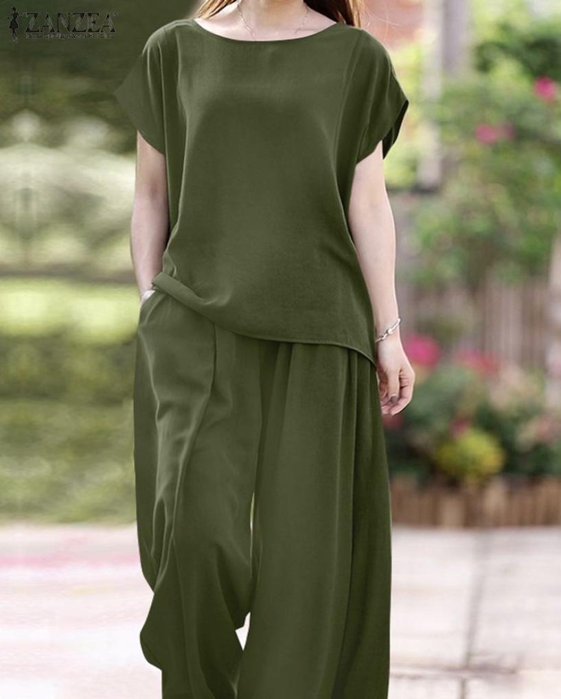 

Women039s Two Piece Pants ZANZEA Oversized Summer Trousers Suits 2PCS Women Matching Sets Fashion Short Sleeve Blouse Wide Leg 1468218, Brown