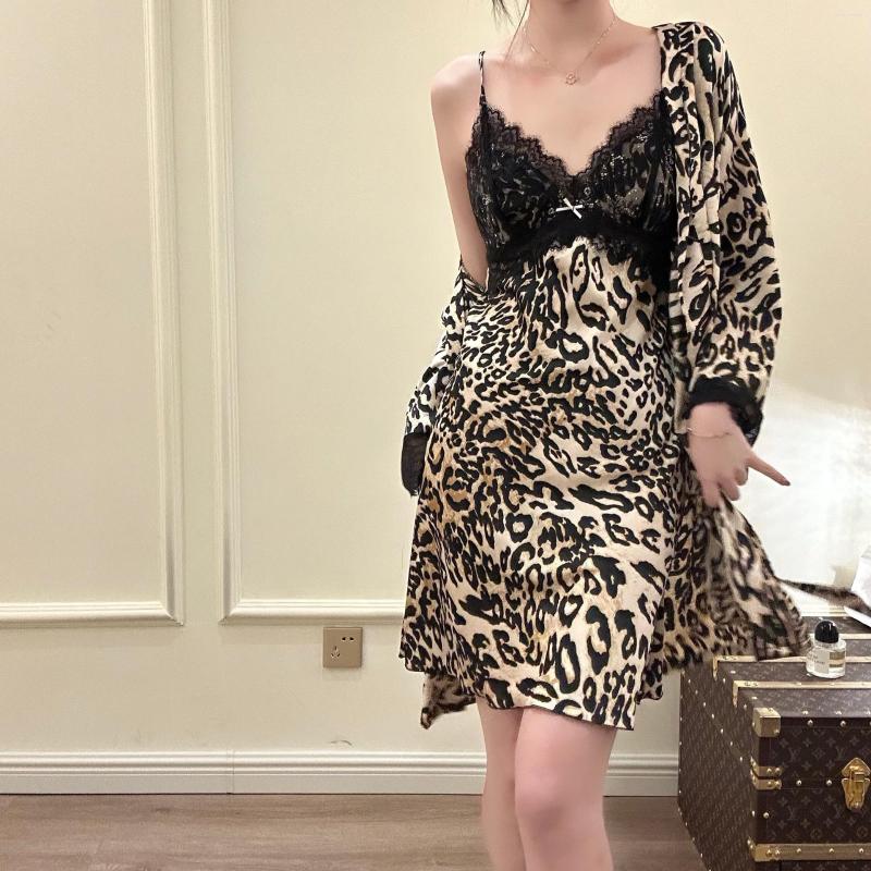 

Women's Sleepwear Summer Female Nighty&Robe Set Sexy Leopard Print Lace Nightgown Bathrobe Casual Silk Satin Home Dress Lingerie