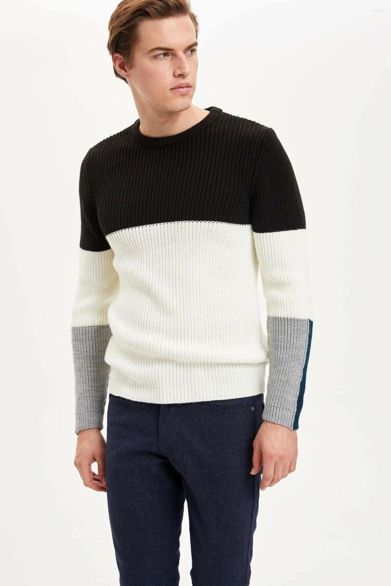 

Men's T Shirts DeFacto Autumn Man Fashion O-neck Knitted Tops Male Long Sleeves Striped Comfort T-shirt Clothes - M0740AZ19WN, White