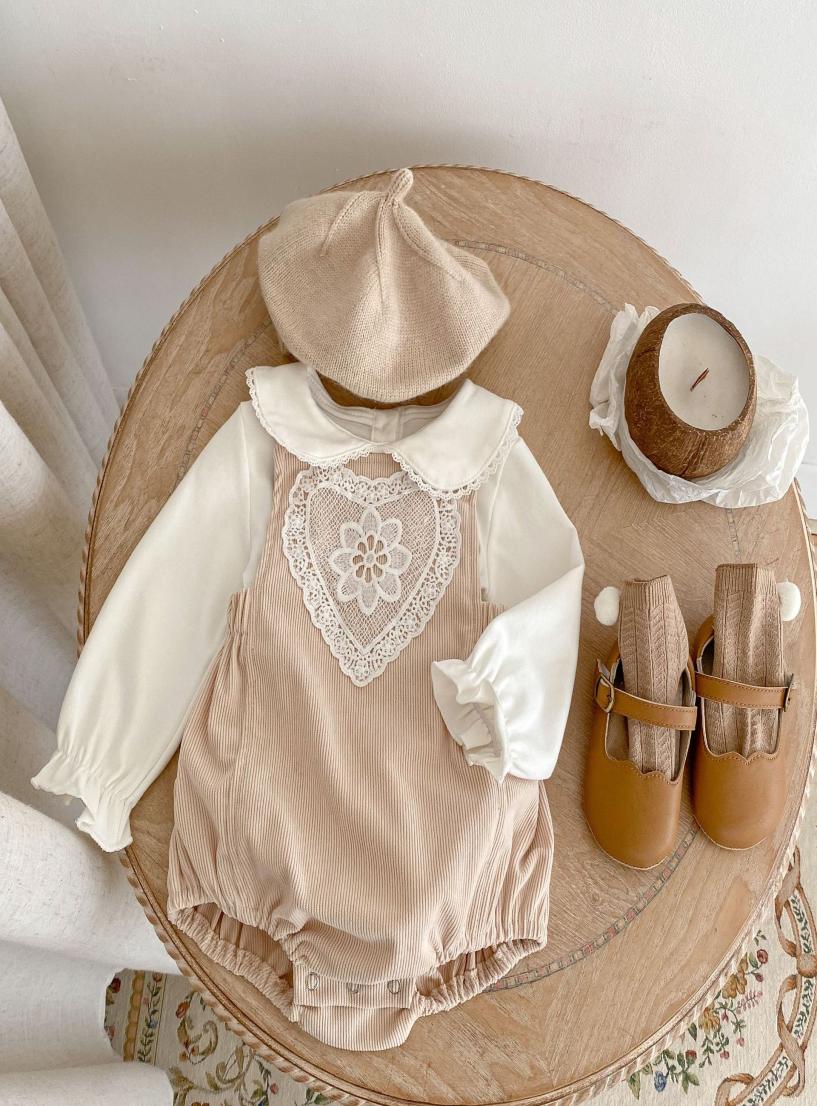 

Ins New cute spring fall Rompers set infant Kids long sleeve White Top And Romper baby Climb 100 cotton8830449, Beige