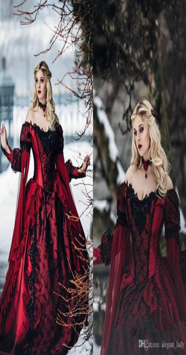 

Sleeping Beauty Princess Medieval Burgundy and Black Gothic Wedding Dress Long Sleeve Lace Appliques Victorian masquerade Bridal G6834682, Coral