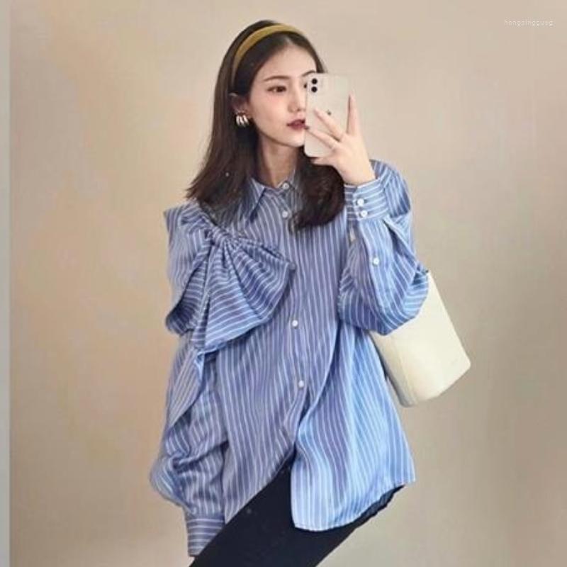 

Women' Blouses Office Lady Blusas Tops Spring Autumn Women' Clothing French Style Long Sleeve Blouse Blue Striped Bow Button Up Shirt