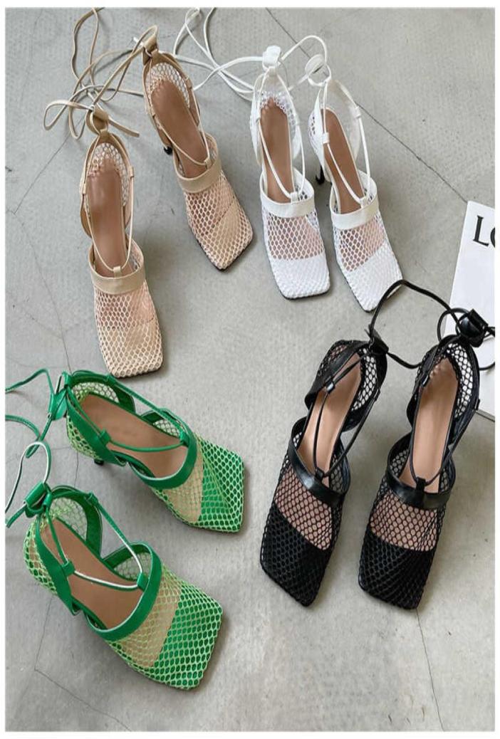 

Ladies Sexy Mesh Sandals Shoes Summer Thin High Heels Pumps Women Square Toe Ankle Strap Gladiator Romen Outdoor 2106083193020, Black