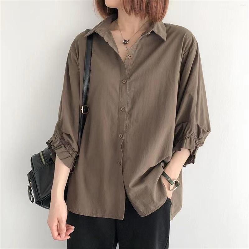 

Women' Blouses 2023 Summer Autumn Women Shirts White Plain Loose Oversized Womens Tops And Korean Lantern Sleeve Blusas Tunics, Beige