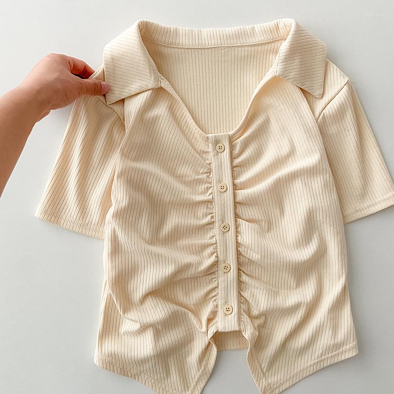 

Women's Blouses French Style Vintage Folds Short Sleeve Shirts Women 2023 Summer Korean Sexy Turn-Down Collar Slim Fit Women's, Beige