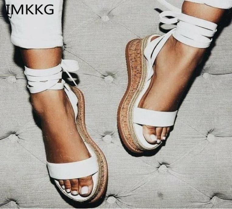 

IMKKG Summer White Wedge Espadrilles Women Sandals Open Toe Gladiator Sandals Women Casual Lace Up Women Platform Sandals m3649069551