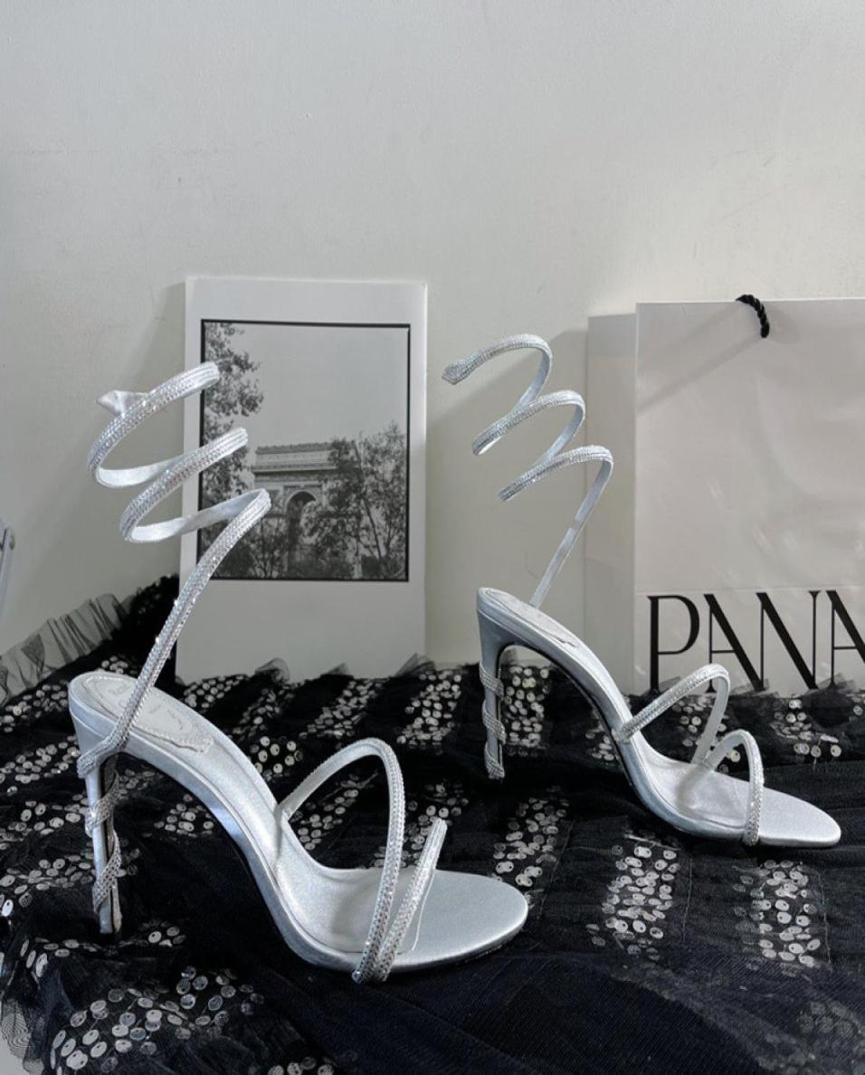 

Rene caovilla Cleo rhinestonestudded Snake Strass stiletto Heels sandals Evening shoes women high heeled Luxury Designers Ankle W9542552, White