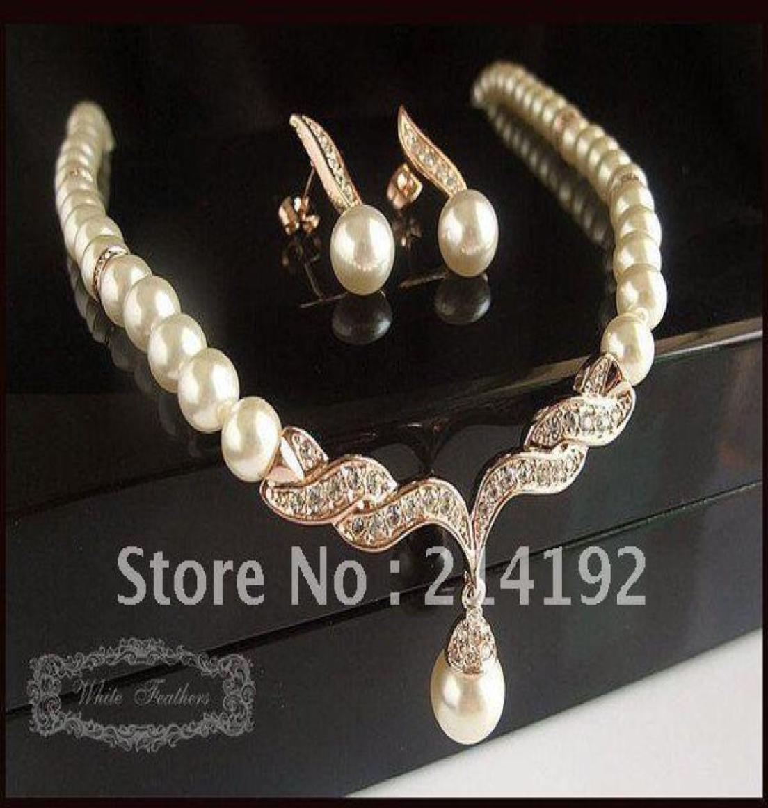 

Rose Gold Plated Beautiful Cream Pearl and Rhinestone Crystal Teardrop Wedding Jewellery Set Necklac7560780, Golden