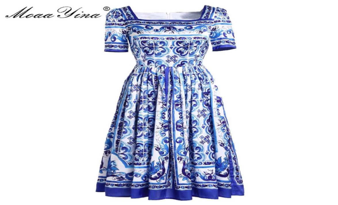 

Fashion Designer Runway dress Spring Summer Women Dress Short sleeve Classic Blue and white porcelain Print Dresses 2105246878116