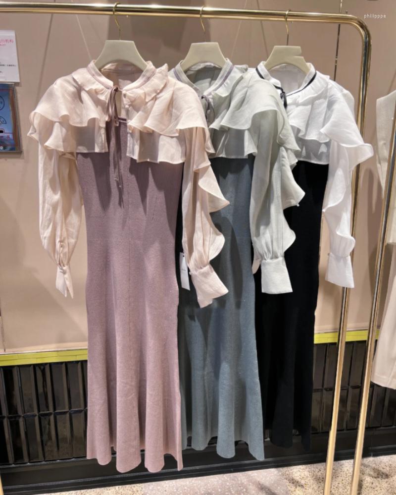 

Casual Dresses Sweet Elegant Japanese Two-piece Set Women Ruffles Short Loose Blouse Solid Bodycon Knitted Fishtaik Dress, Beige