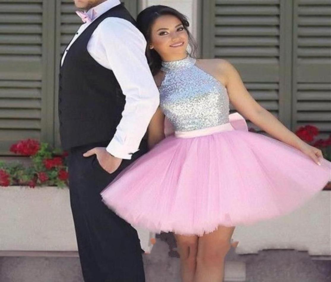 

2020 Charming Silver Pink Cupcake Homecoming Party Dresses High Neck Sequins Tulle Draped Bow Short Prom Dress Graduation Evening 4360532, Orange