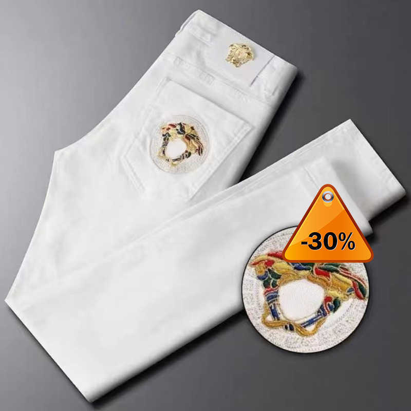 

Men's Autumn Winter Mens Designer Jean Pants Denim Trousers Feet Britches, White
