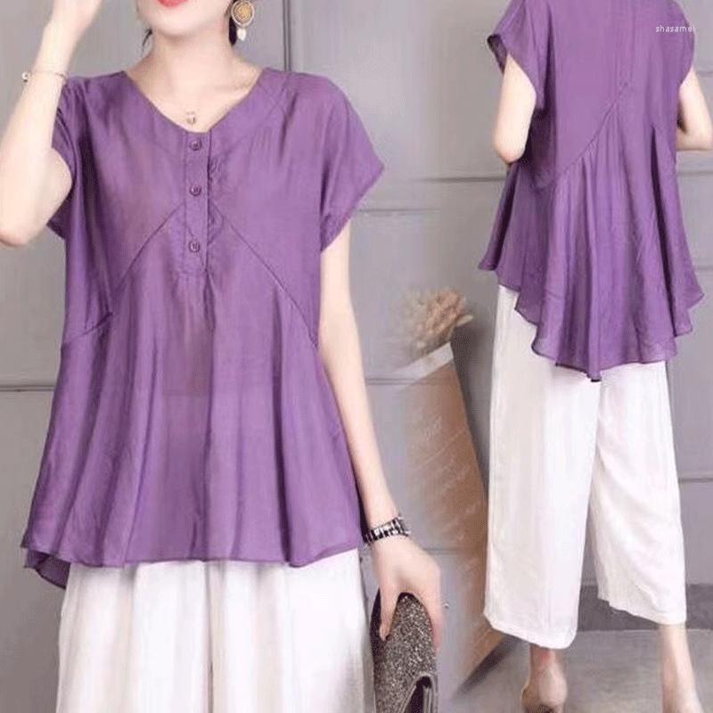 

Women's Blouses 2023 Summer Short Sleeve Thin Casual Solid Color Round Neck Loose Oversized Women's Clothing Spliced Button Commute, Gray