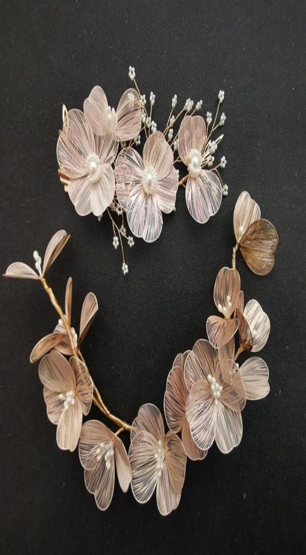 

SLBRIDAL Handmade Baroque Copper Flower Pearls Wedding Hair Accessories Bridal Headband Hair Clip Barrettes Set Women Jewelry J0113199481