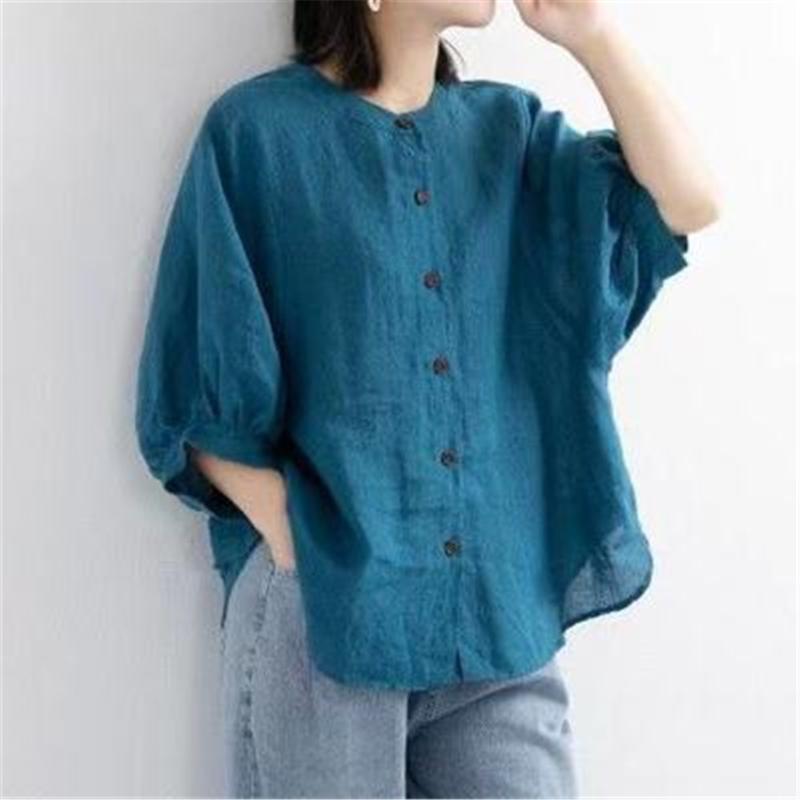 

Women's Blouses & Shirts M-3XL Puff Sleeve Summer Linen Women Plus Size Clothing Ladies Loose Vintage Tops Short Female Shirt Blouse Casual, Purple
