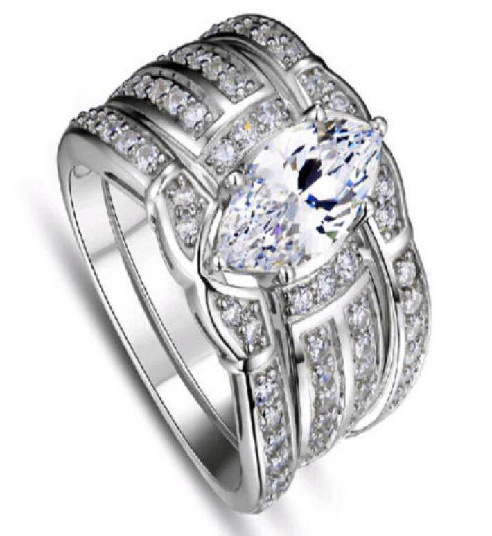 

Size 5678910 Retro Jewelry 14kt white gold filled topaz Pear cut Simulated Diamond Women Wedding Ring set 3in 1 gift with b53545449543710