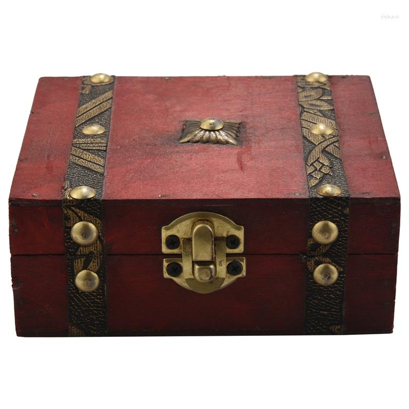 

Jewelry Pouches Vintage Wooden Treasure Chest Storage Box Lock Organizer Case Foldable Mini Small Wood Home Decor Container Trinket